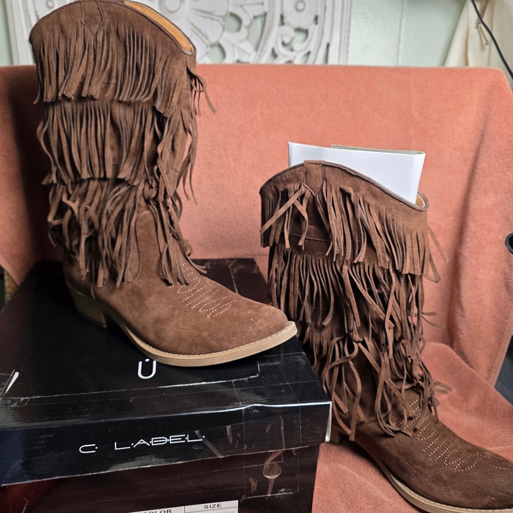 C Label Topaz-3 Womens Brown Faux Suede Triple Fringe Western Boots Size 8.5